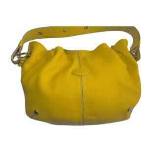 Tod's Yellow Leather Shoulder Bag Hobo Style Side Pockets Leather Ties on Side